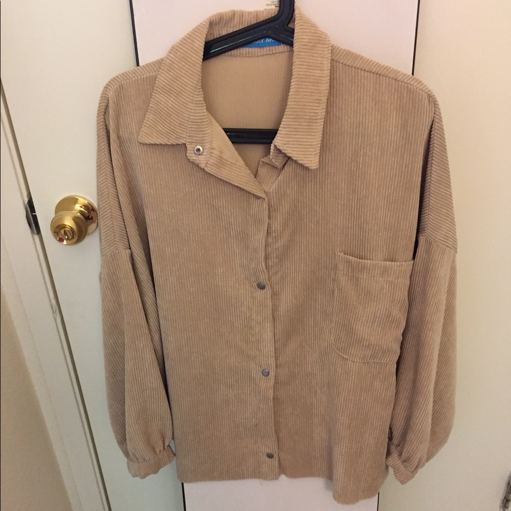 Beige Corduroy Oversized Long Sleeve Button Up